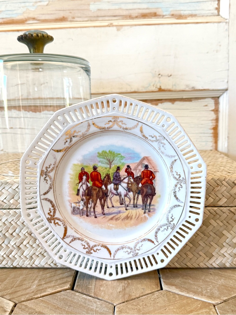 Vintage Equestrian Ralph Lauren Inspired Glass Cloche, Porcelain Fox Hunt Base - Picture 7 of 9